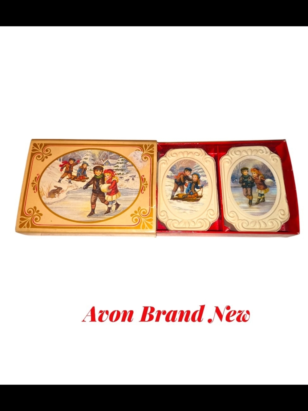 Vintage Avon Holiday Soap Set with Children Illustration - Cream & Red